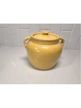 Vintage Yellow Crock with Lid And Side Handles 4” 1930s